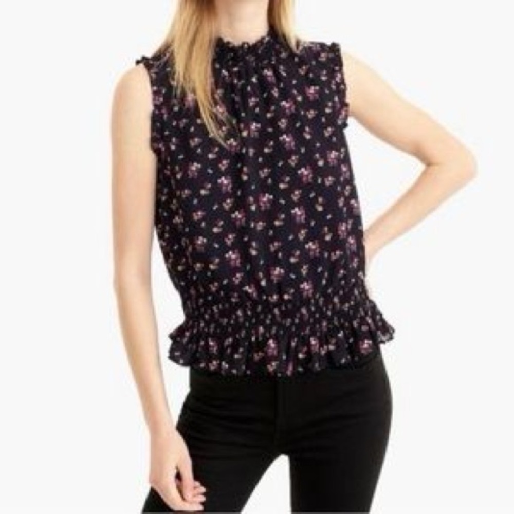 J. Crew Navy Berry‎ Ditsy Floral Ruffle Smocked Sleeveless Top